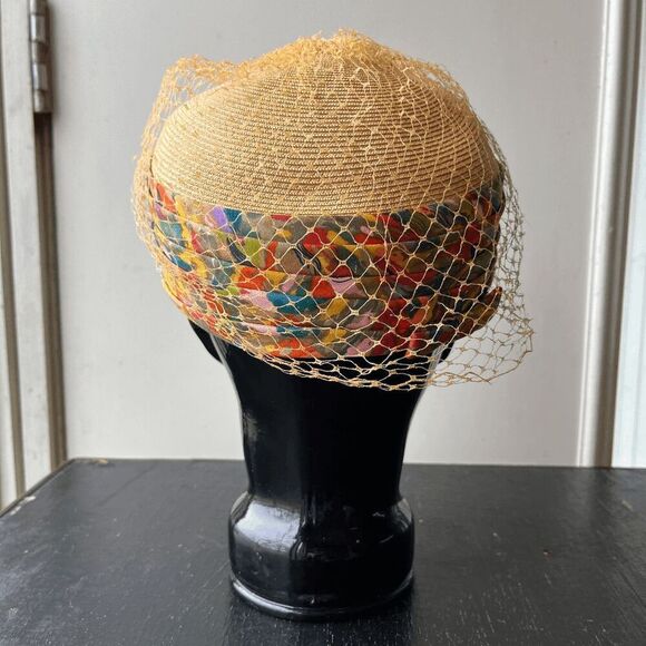 VTG 50s Straw Kentucky Derby Hat Colorful Pleated Band Net Veil Pillbox main image 6